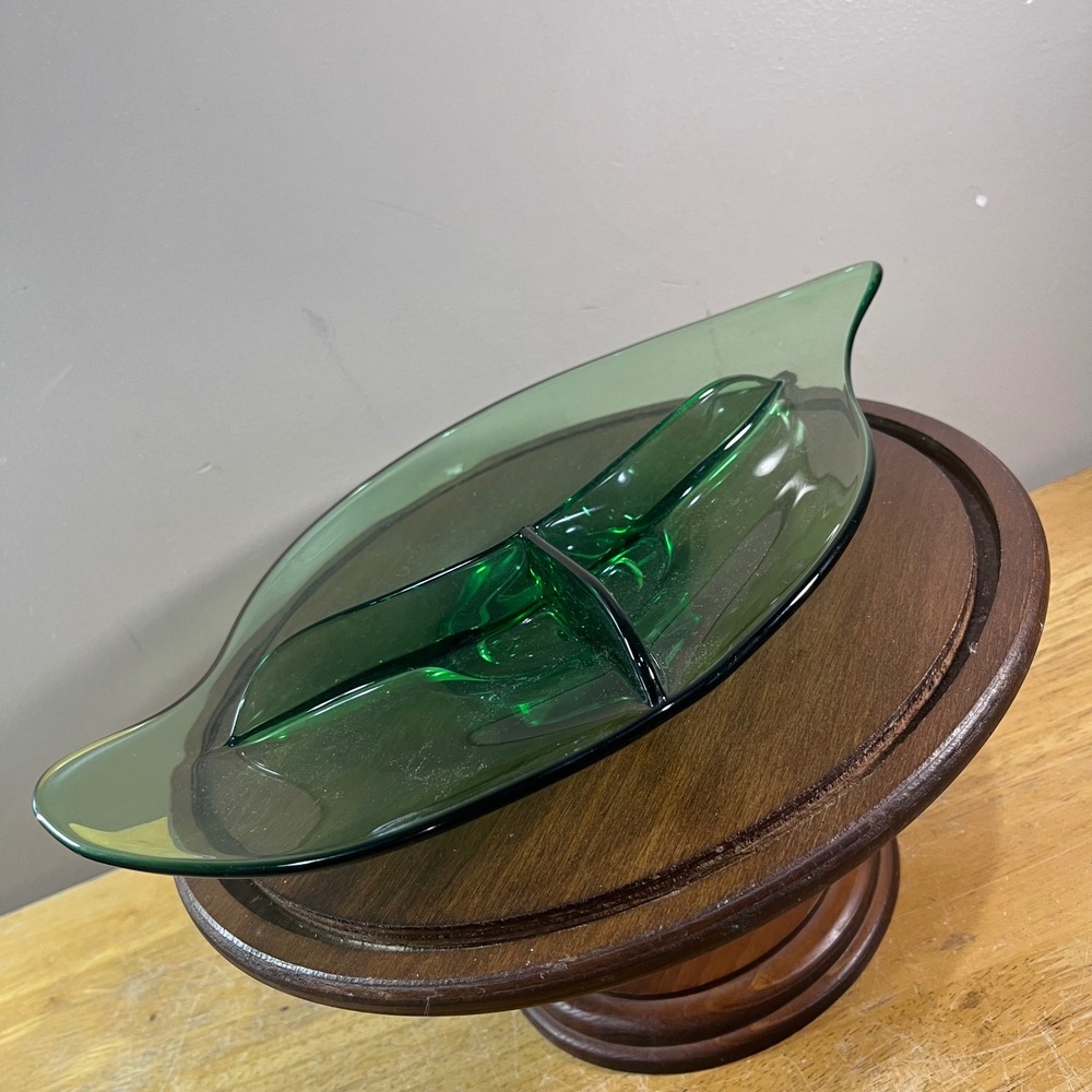 Vtg Viking Glass Epic Leaf‎ Emerald Green Divided Relish Dish Mid Century Modern